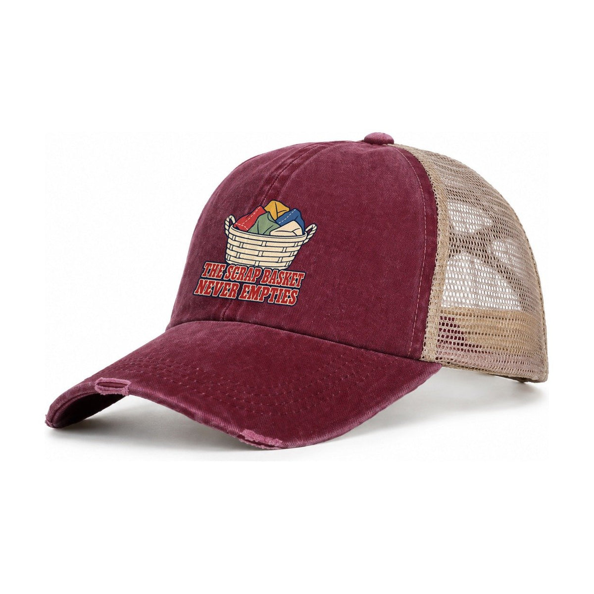 The Scrap Basket Sewing And Quilting Women's Ponytail Trucker Hat – Burgundy Khaki