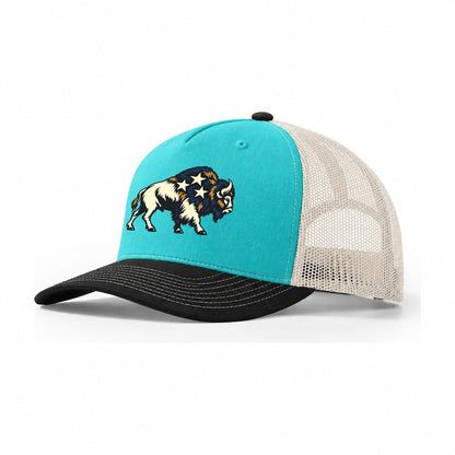 Bison Night Sky Sundown Familiars Trucker Hat – Aqua Black White