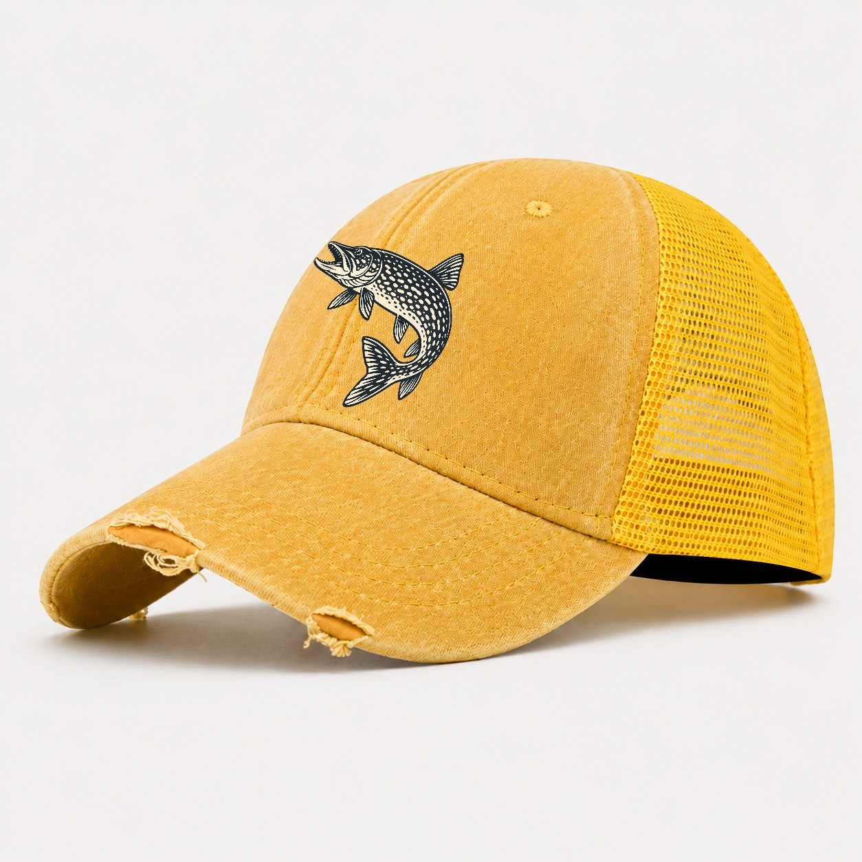 Pike Profile Fishing Elegant Washed Trucker Hat – Yellow
