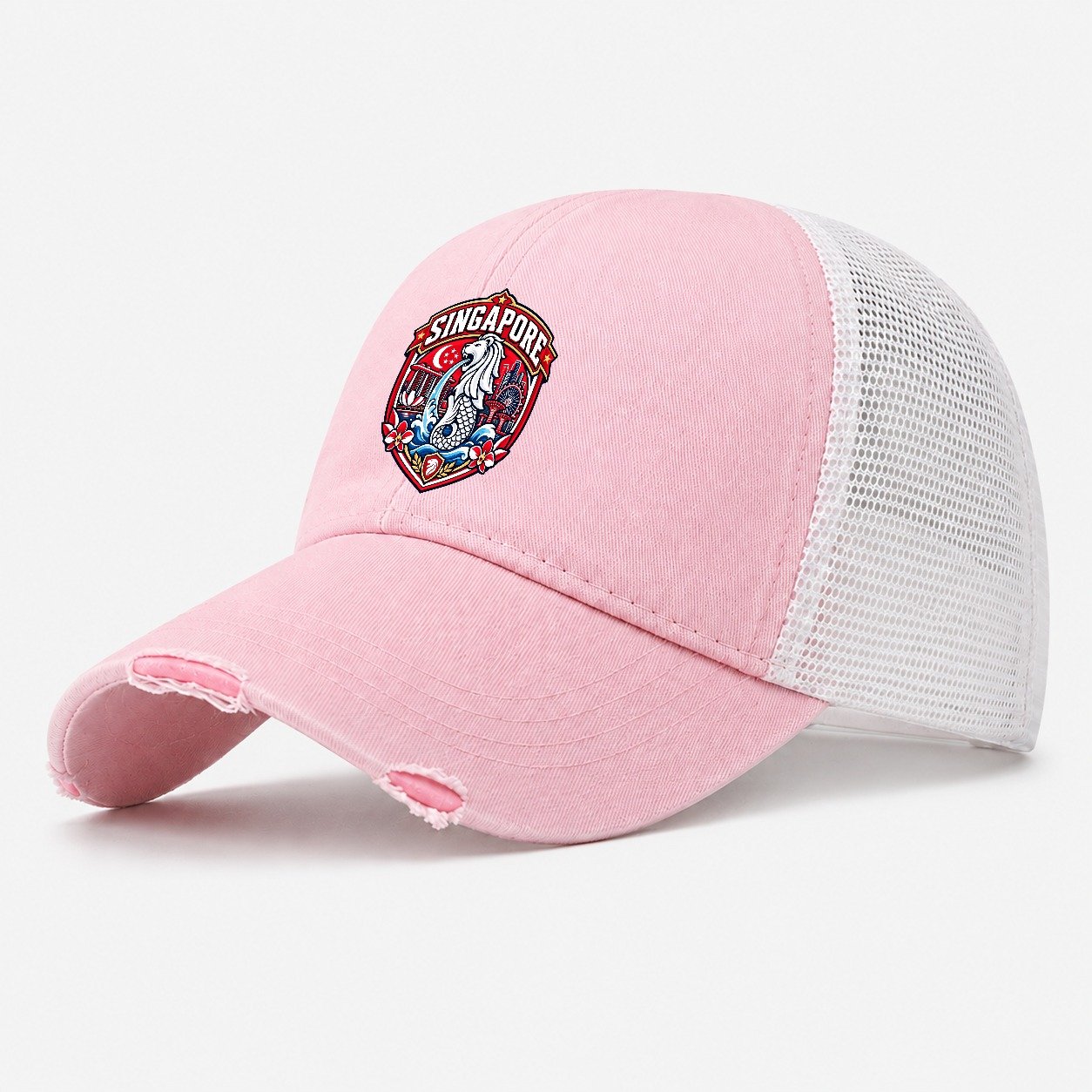 Singapore Retro Badge Country Logos Washed Trucker Hat – Light Pink