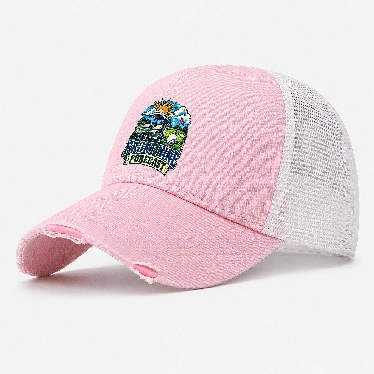Front Nine Forecast Golf Life Washed Trucker Hat – Light Pink
