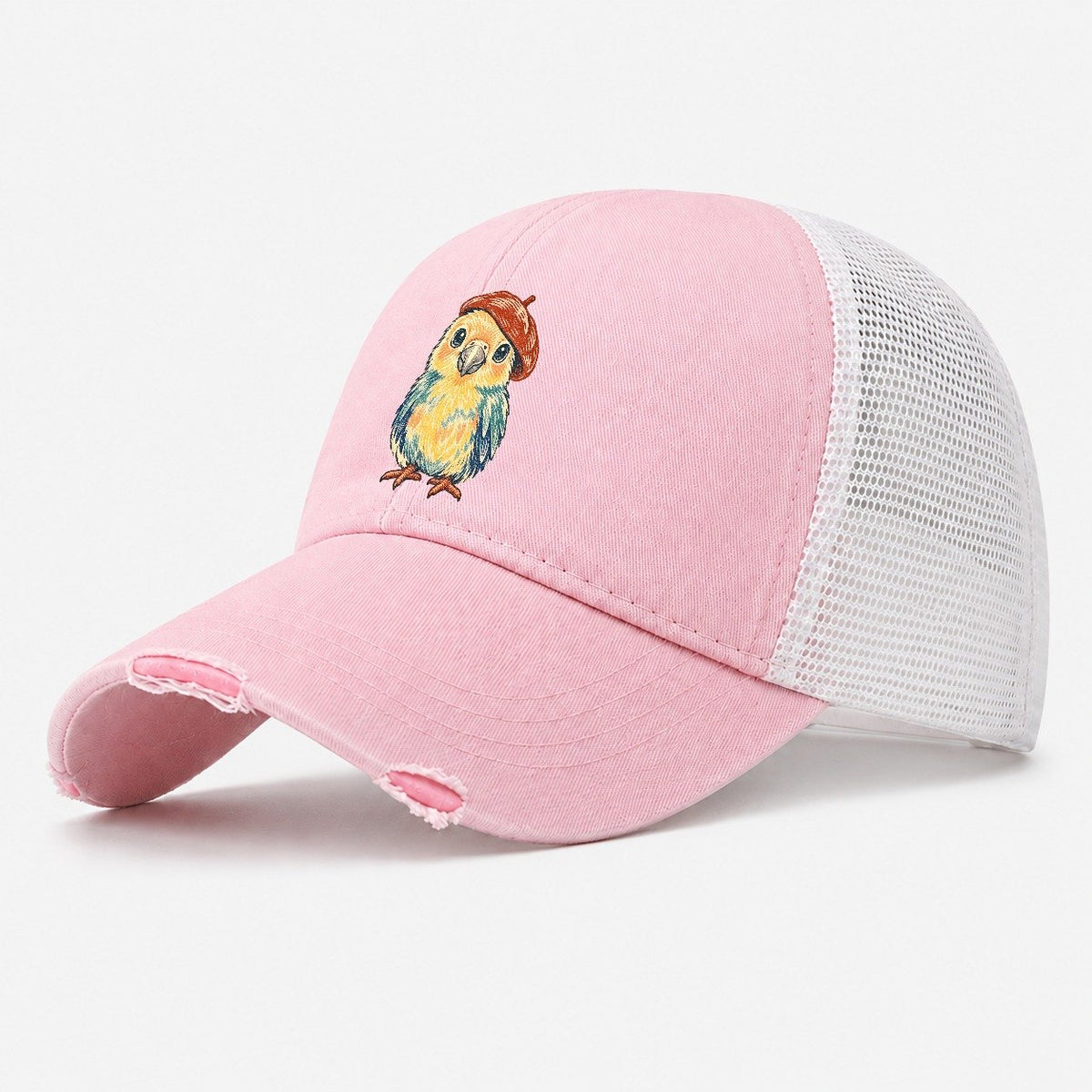 Chick in Red Beret Washed Trucker Hat – Light Pink