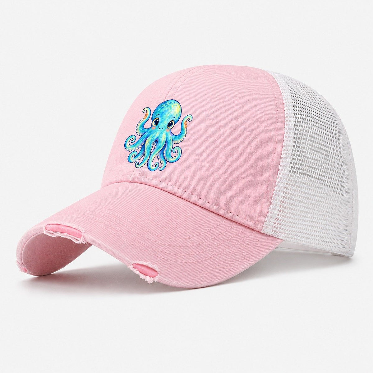 Octopus Curious Wave Sea Sprite Washed Trucker Hat – Light Pink