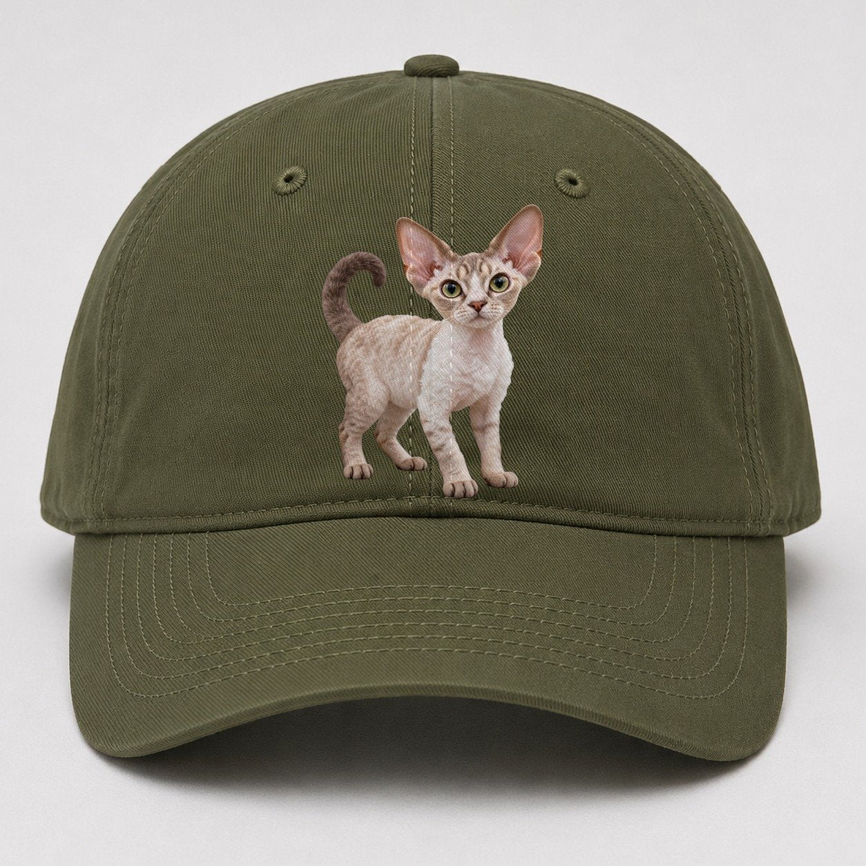 Devon Rex Standing Three Quarter Realistic Cat Portrait Baseball Cap – Army Green