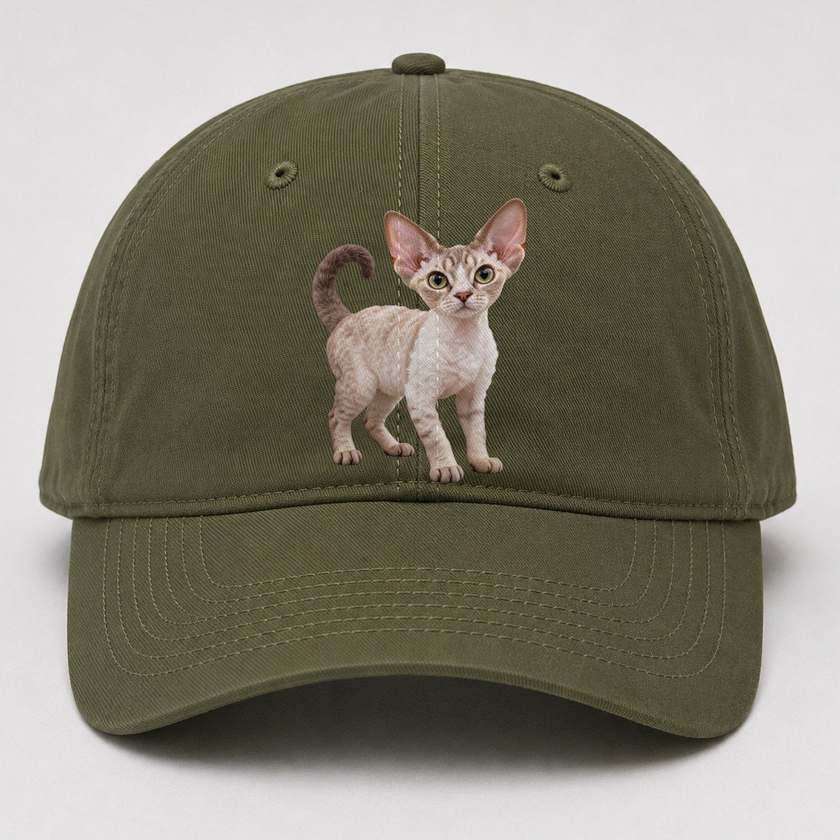 Devon Rex Standing Three Quarter Realistic Cat Portrait Baseball Cap – Army Green