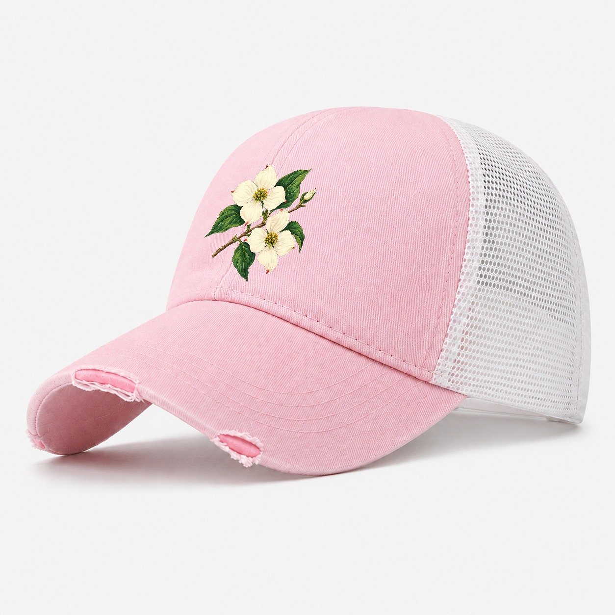 British Columbia Pacific Dogwood Bloom Canada Cultural Icons Washed Trucker Hat – Light Pink
