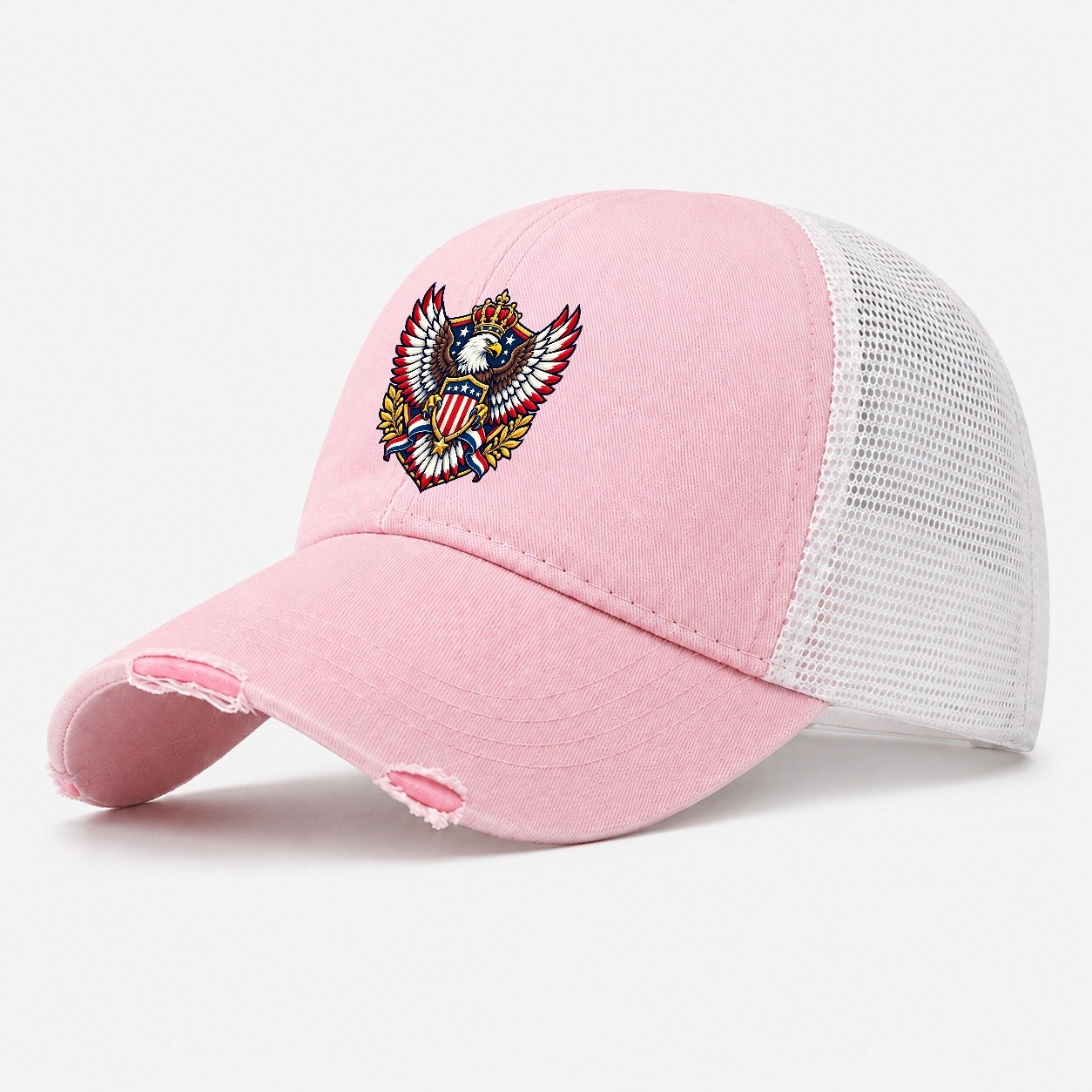 United States Heraldic Crest Country Logos Washed Trucker Hat – Light Pink