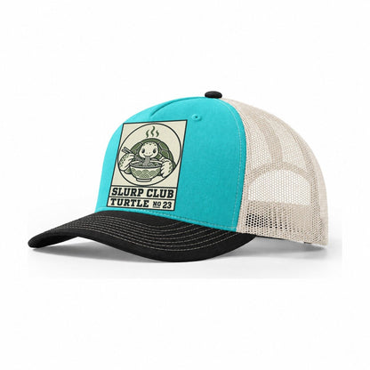 Turtle Patient Slurp Club Trucker Hat – Aqua Black White