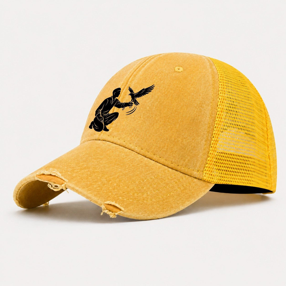 Kneeling Falconer with Falcon Washed Trucker Hat – Yellow