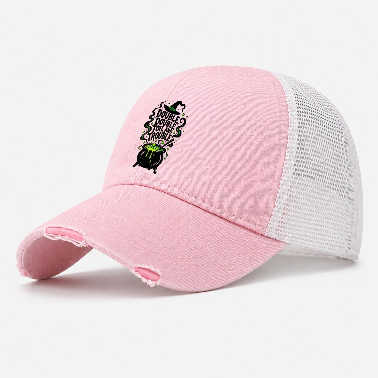 Double Double Toil And Trouble Slogan Witch Magic Washed Trucker Hat – Light Pink