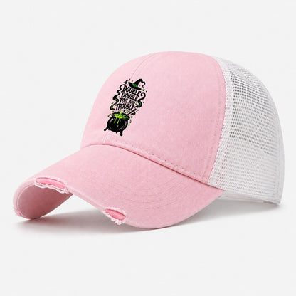 Double Double Toil And Trouble Slogan Witch Magic Washed Trucker Hat – Light Pink