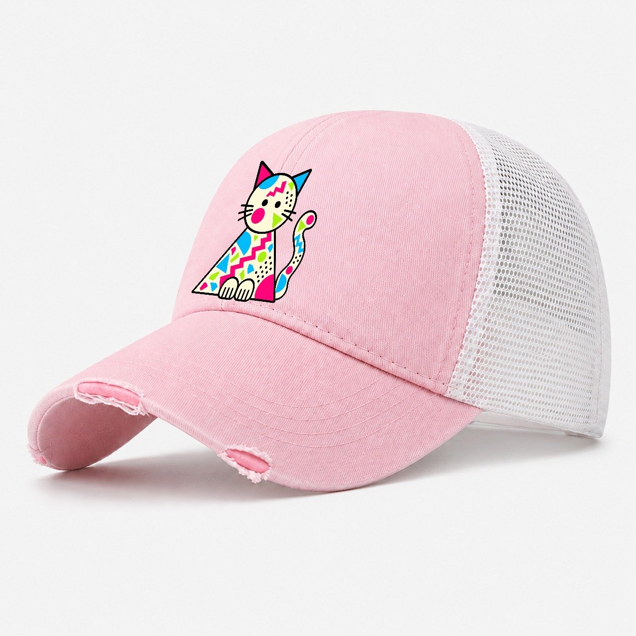 Triangle Cat Crazy Styles Washed Trucker Hat – Light Pink