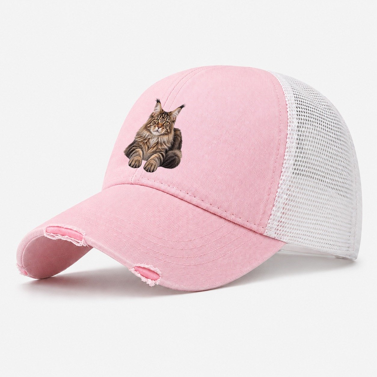 Maine Coon Reclining Paws Forward Realistic Cat Portrait Washed Trucker Hat – Light Pink