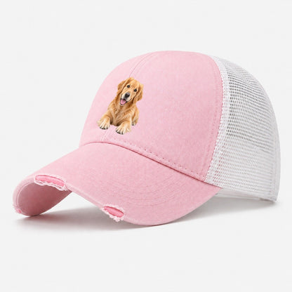 Golden Retriever Head Tilt Close Up Top Breeds Washed Trucker Hat – Light Pink