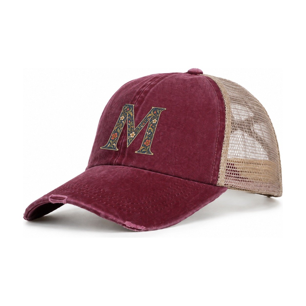 Wildflower M Monogram Women's Ponytail Trucker Hat – Burgundy Khaki