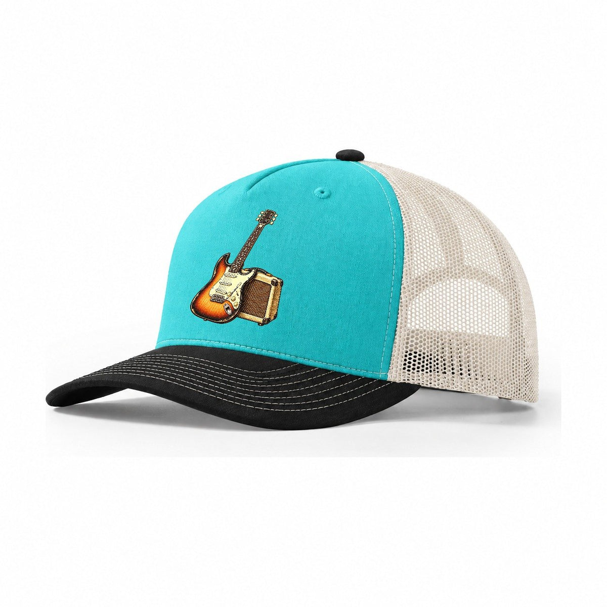 Guitar Practice Corner Pastimes Companions Trucker Hat – Aqua Black White