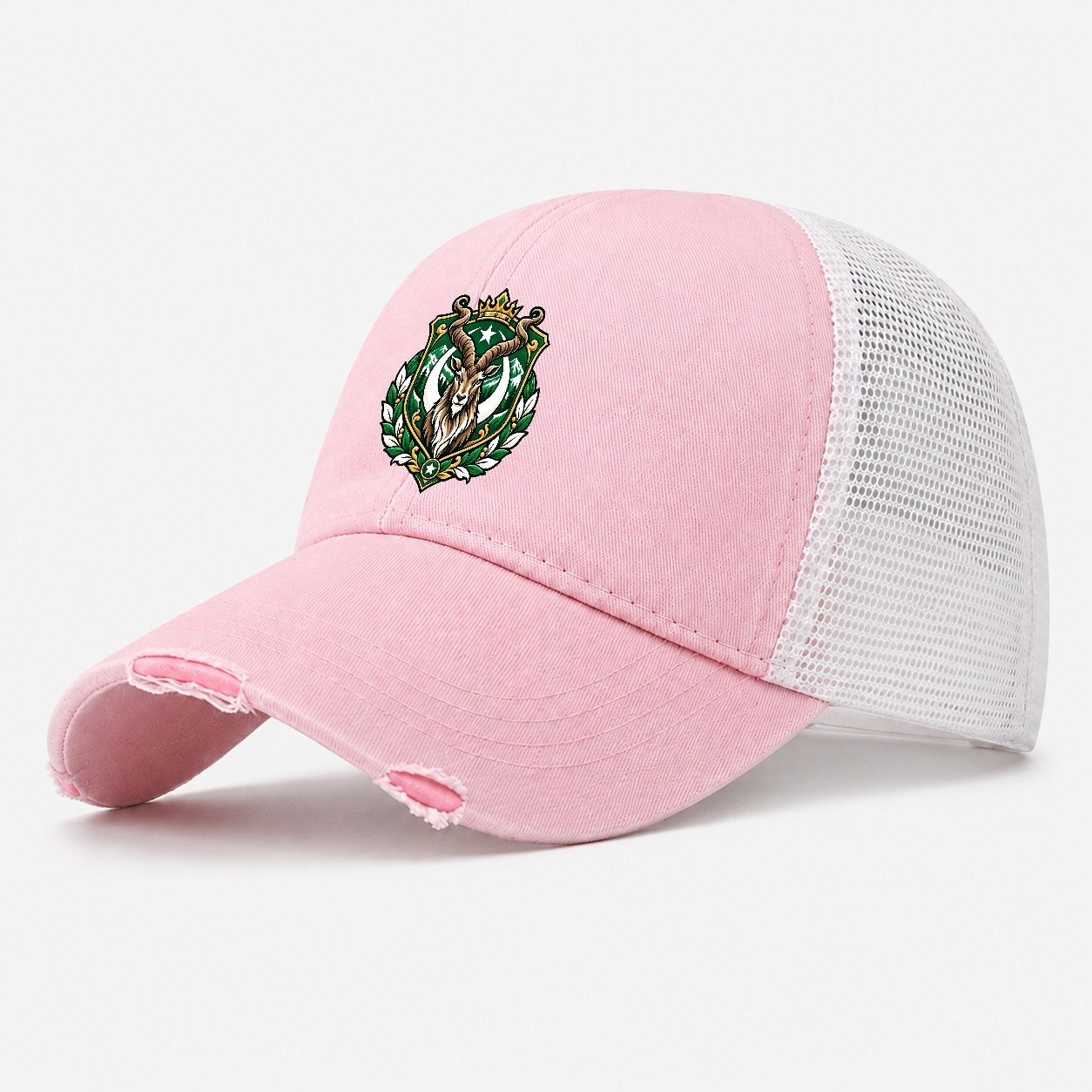 Pakistan Heraldic Crest Country Logos Washed Trucker Hat – Light Pink