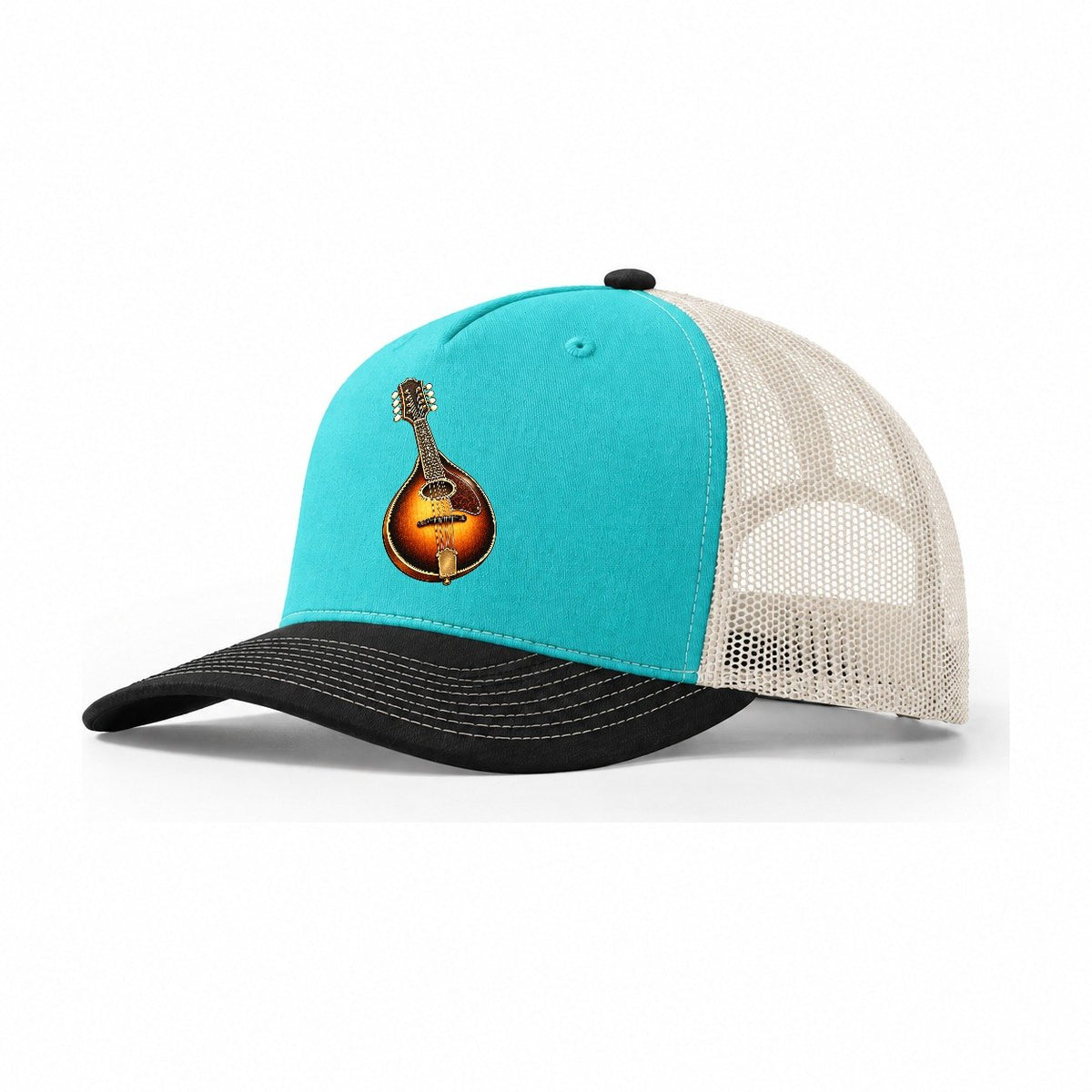 Mandolin Oval Sunburst Pastimes Companions Trucker Hat – Aqua Black White