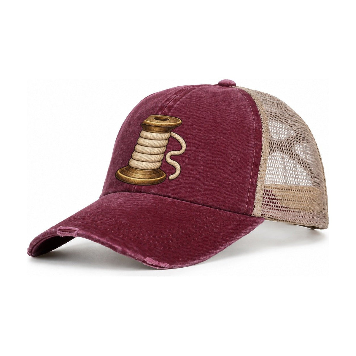 The Wooden Spool Sewing And Quilting Women's Ponytail Trucker Hat – Burgundy Khaki