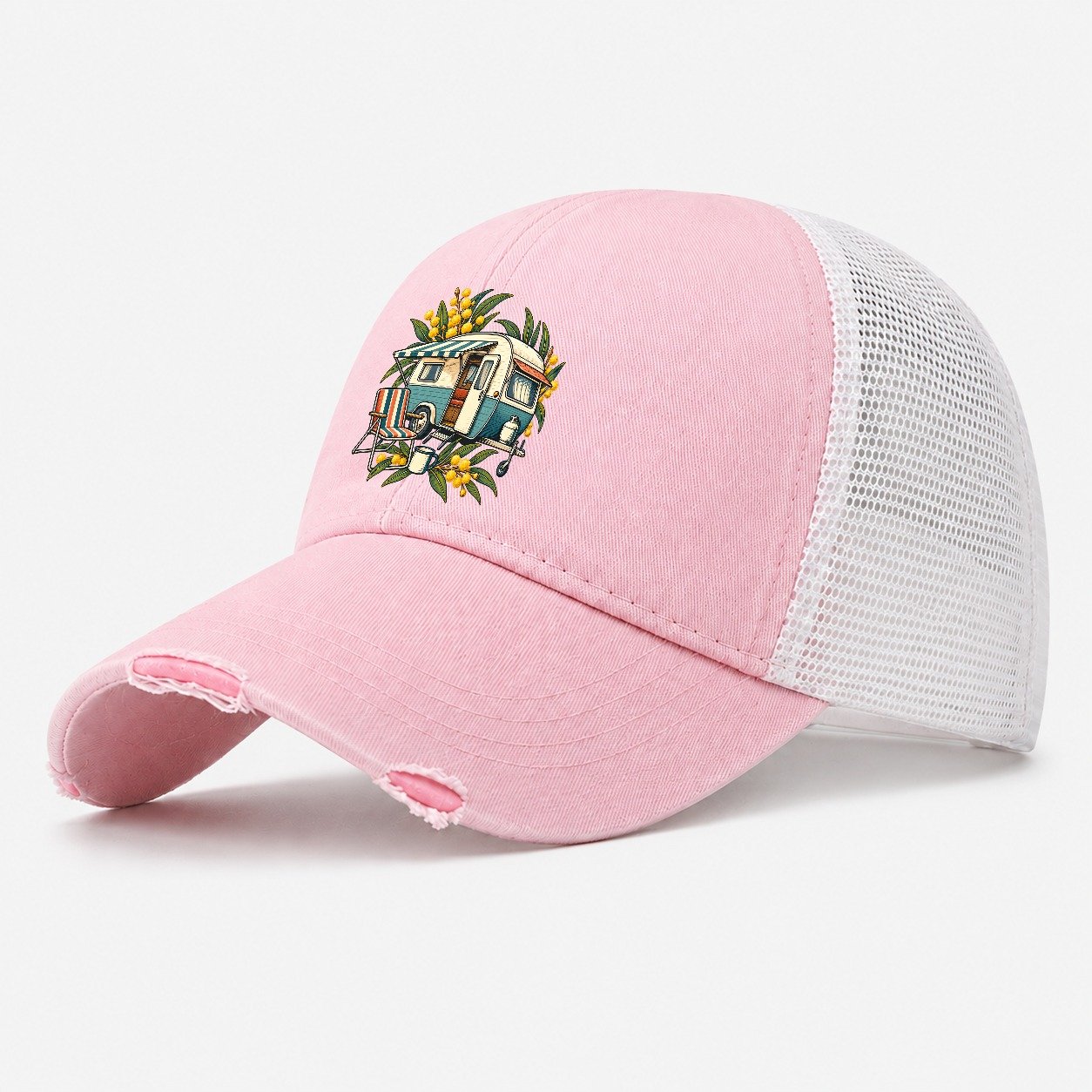 Retro Caravan Folding Chair And Enamel Mug Australia Cultural Icons Washed Trucker Hat – Light Pink