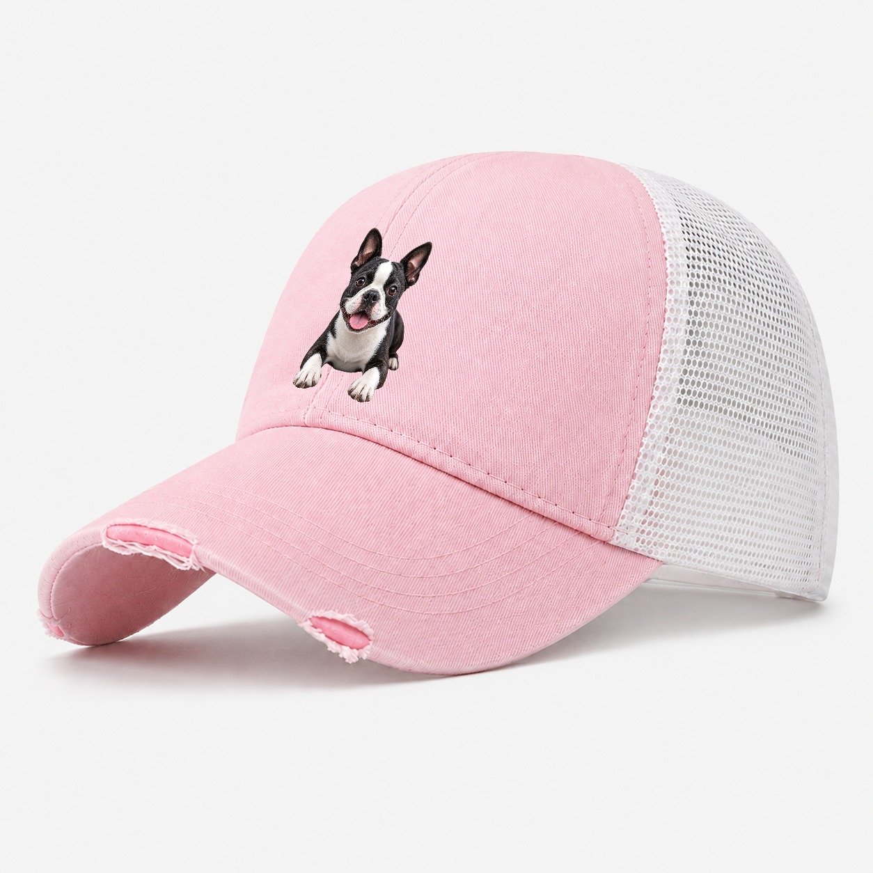 Boston Terrier Lying Down Top Breeds Washed Trucker Hat – Light Pink