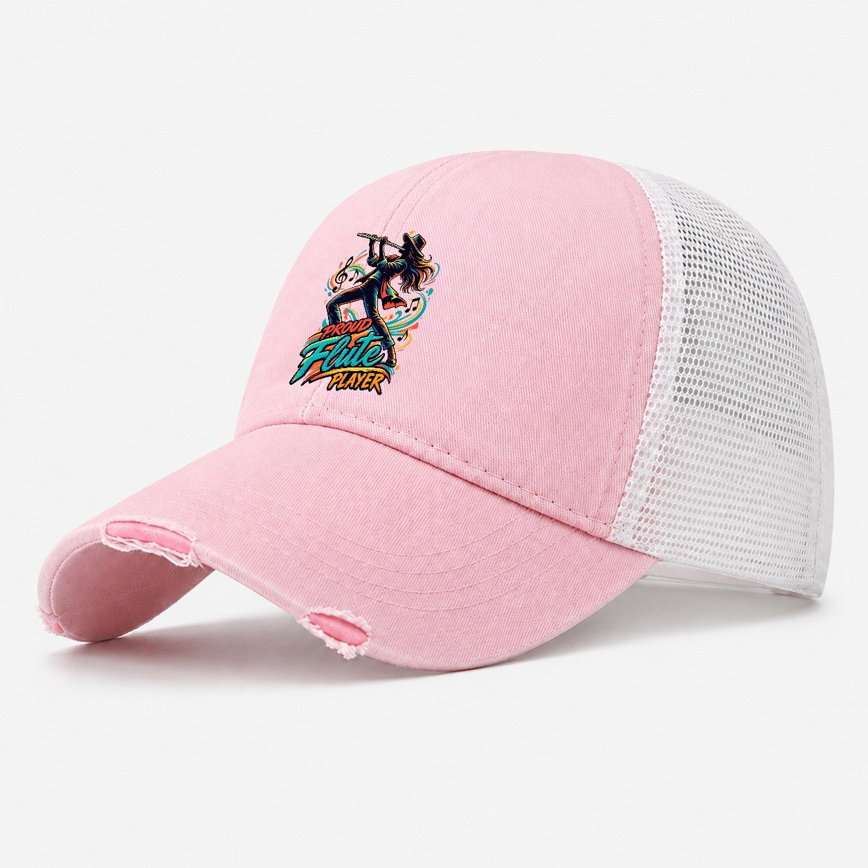 Proud Flute Player Music Instruments Washed Trucker Hat – Light Pink