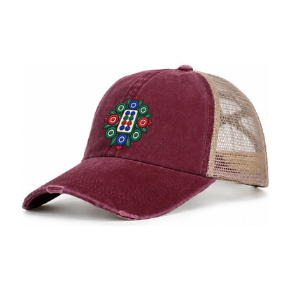 Eight Dot Bloom Mahjong Game Night Women's Ponytail Trucker Hat – Burgundy Khaki