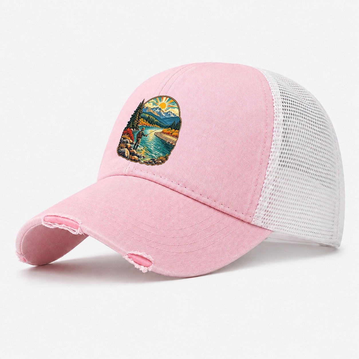 River Bend Fly Water Fishing Club Washed Trucker Hat – Light Pink