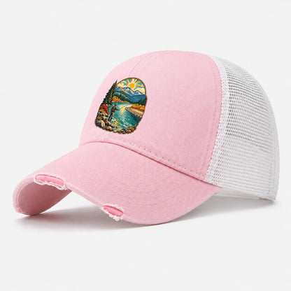 River Bend Fly Water Fishing Club Washed Trucker Hat – Light Pink