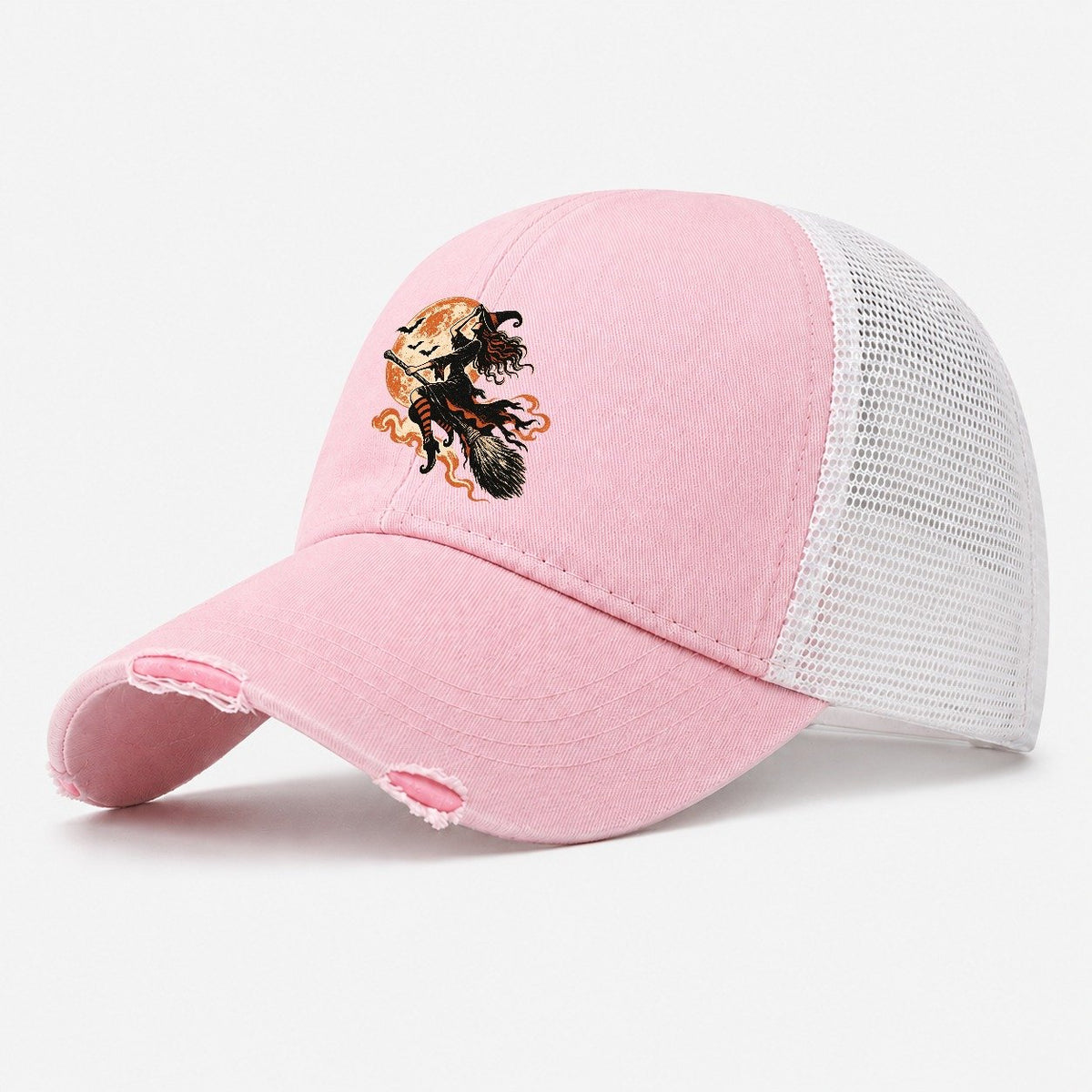 Witch on Broomstick with Full Moon Washed Trucker Hat – Light Pink
