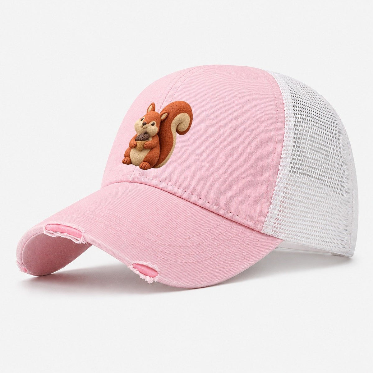 Squirrel Acorn Hold Washed Trucker Hat – Light Pink