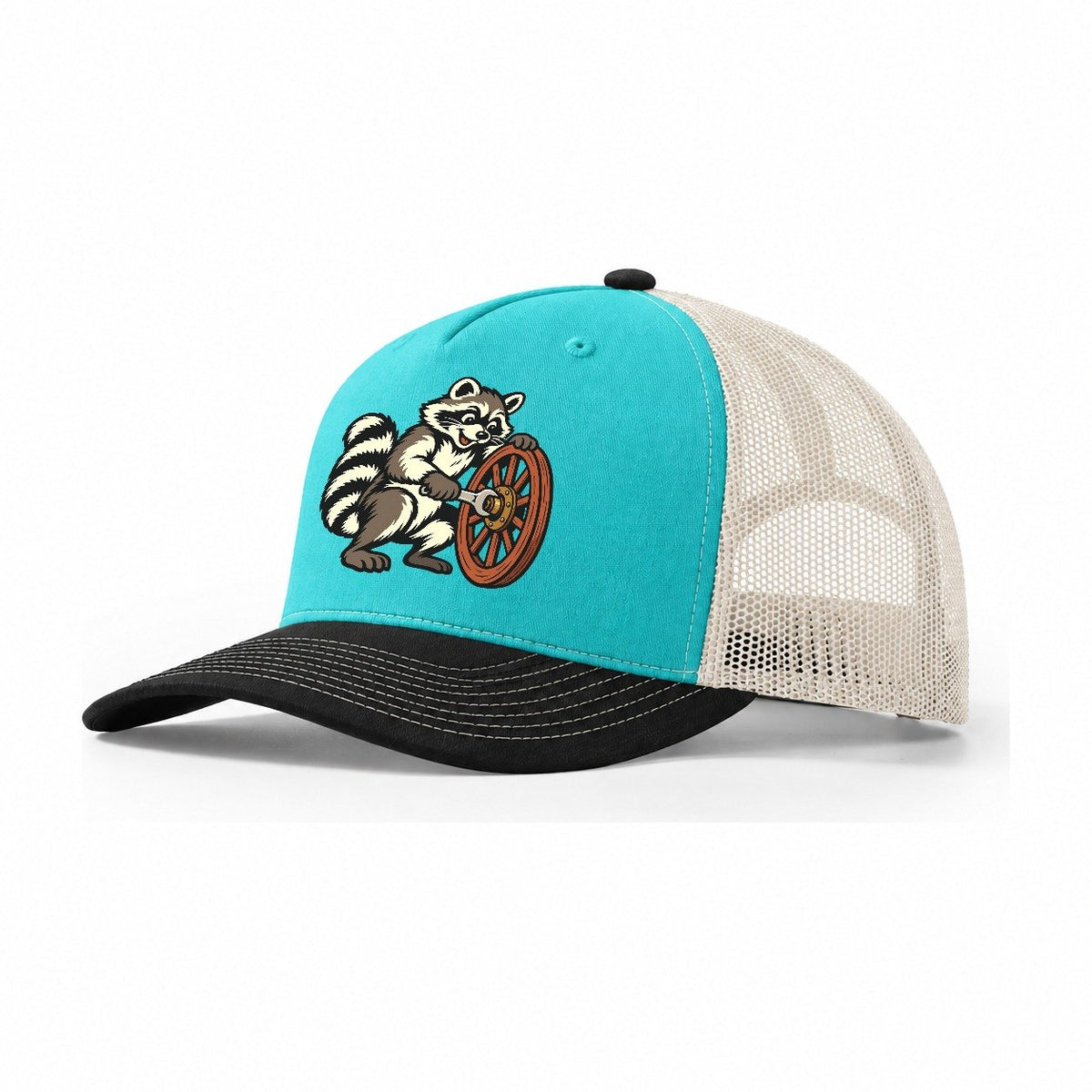 Raccoon Roadside Mechanic Sundown Familiars Trucker Hat – Aqua Black White