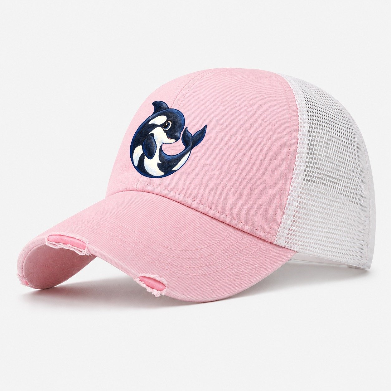Orca Moon Curl Sea Sprite Washed Trucker Hat – Light Pink