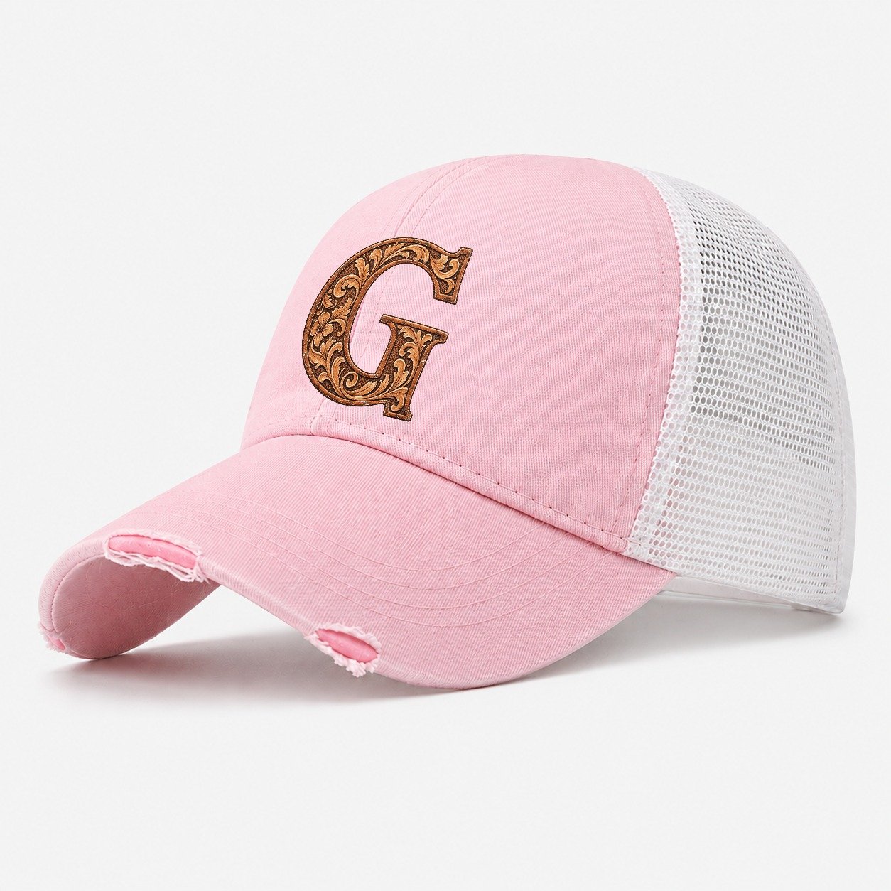 Tooled Leather G Monogram Washed Trucker Hat – Light Pink