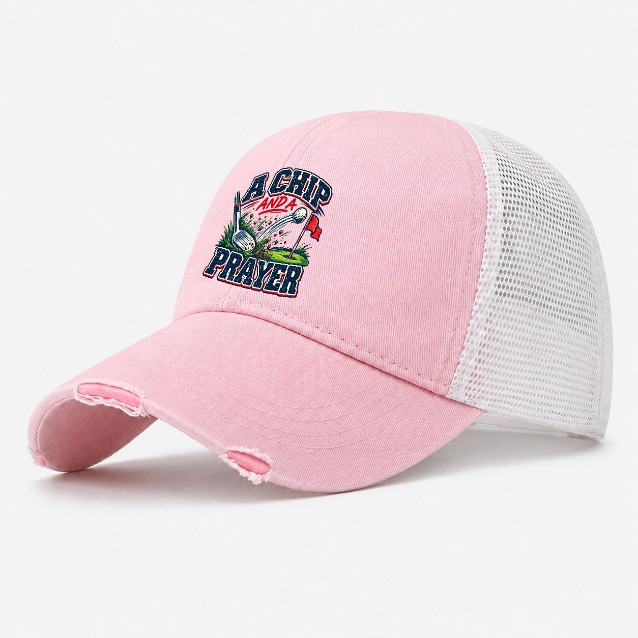 A Chip And A Prayer Golf Life Washed Trucker Hat – Light Pink