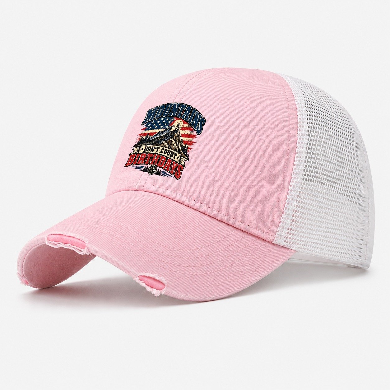Mountains Don T Count Birthdays Old Man Strong Washed Trucker Hat – Light Pink