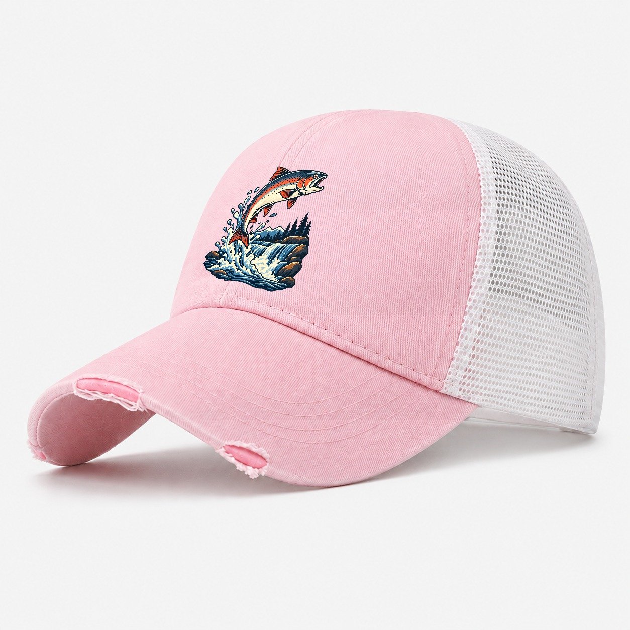 Salmon Leap Arc Fishing Elegant Washed Trucker Hat – Light Pink
