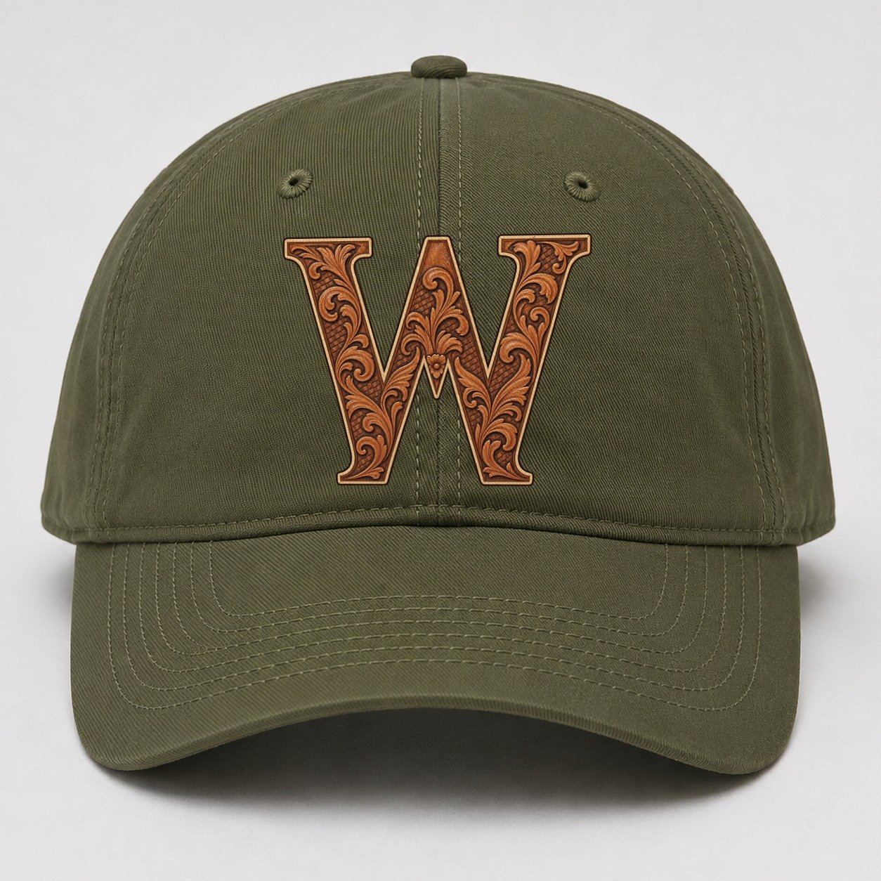 Tooled Leather W Monogram Baseball Cap – Army Green