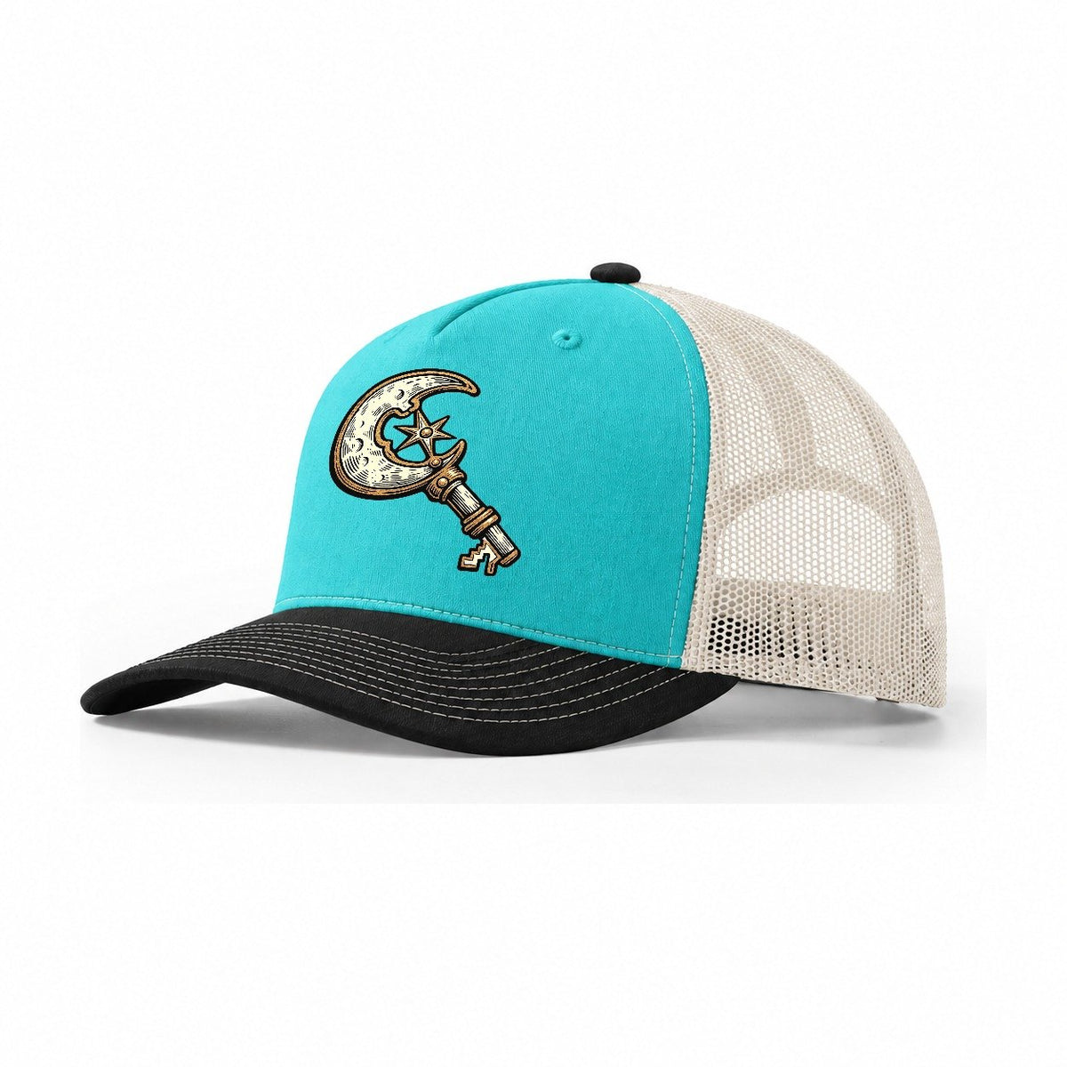 Twilight Door Key Sundown Familiars Trucker Hat – Aqua Black White