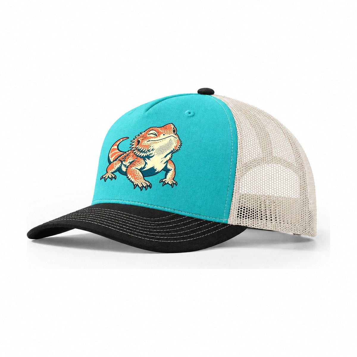 Bearded Dragon Blink Trucker Hat – Aqua Black White