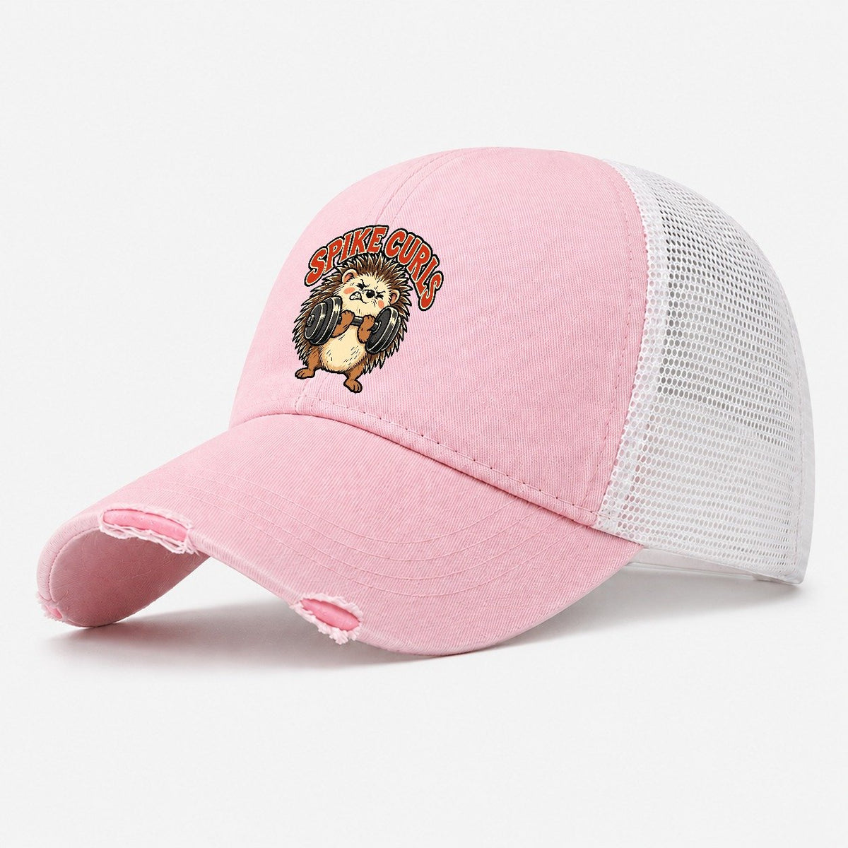 Hedgehog Spike Curls Animal Lifters Washed Trucker Hat – Light Pink