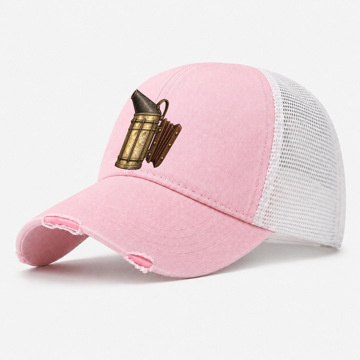 Tin Bee Smoker Beekeeping Washed Trucker Hat – Light Pink