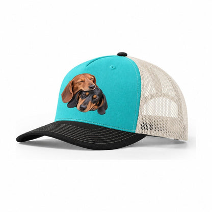 Dachshund Sleeping Pair Character Club Trucker Hat – Aqua Black White