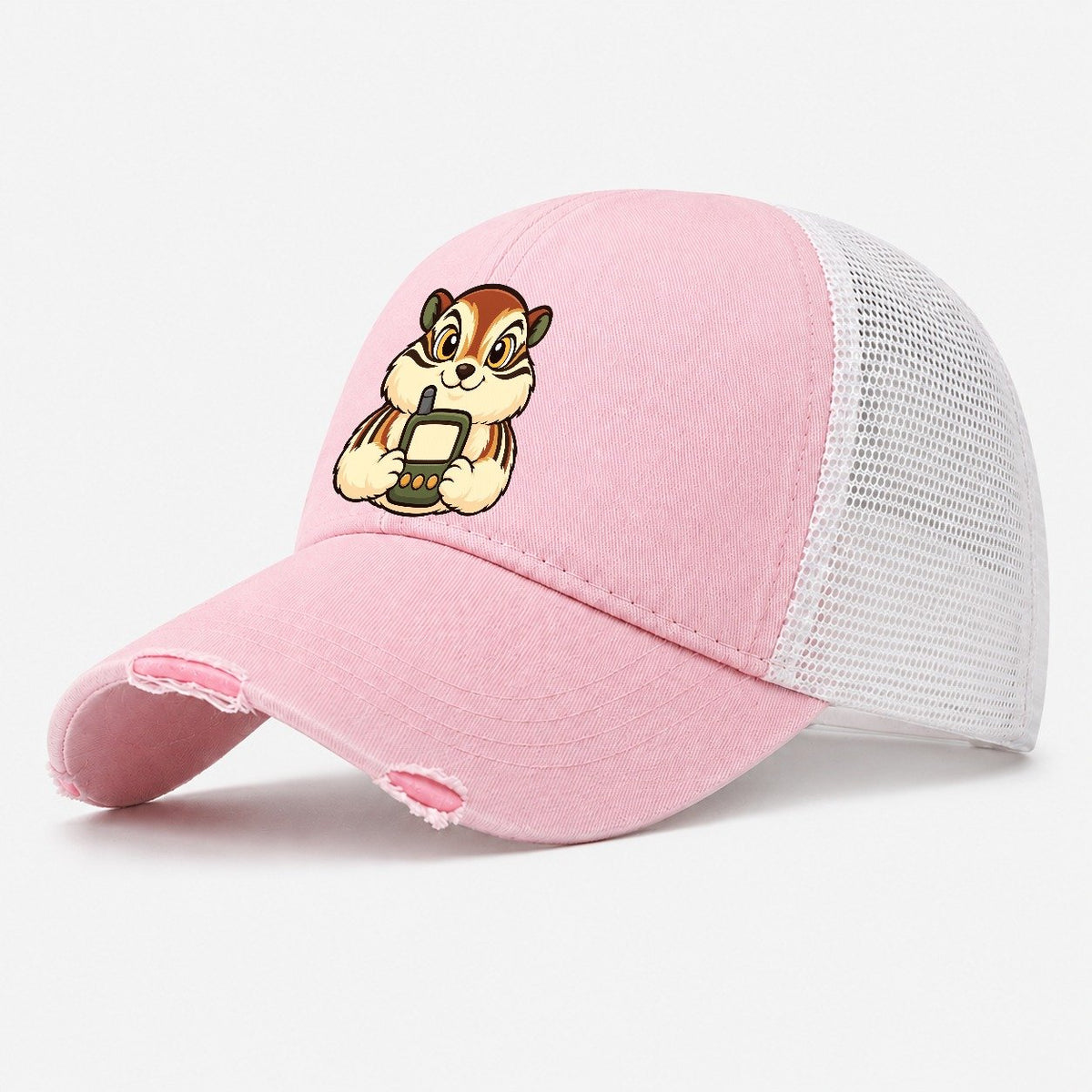 Chipmunk With A Locator Geocaching Washed Trucker Hat – Light Pink