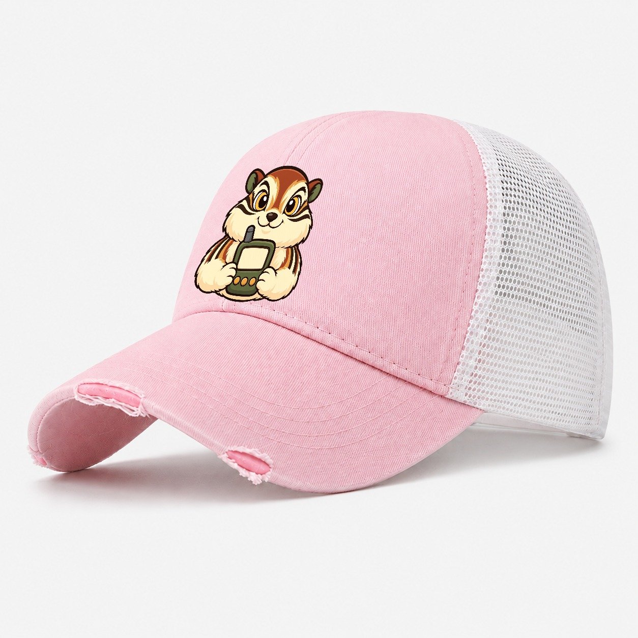 Chipmunk With A Locator Geocaching Washed Trucker Hat – Light Pink
