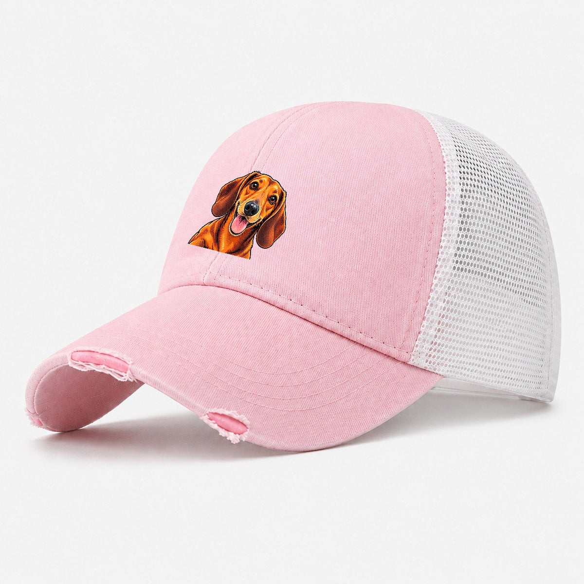 Happy Dachshund Portrait Washed Trucker Hat – Light Pink