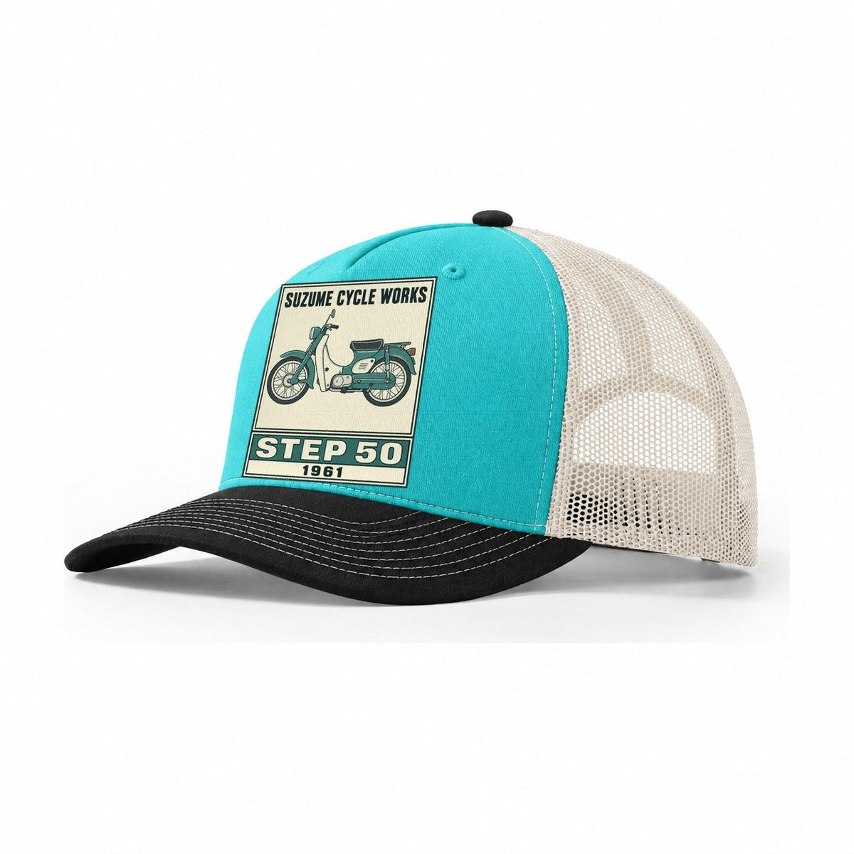 Suzume Step 50 Showa Speed Plates Trucker Hat – Aqua Black White