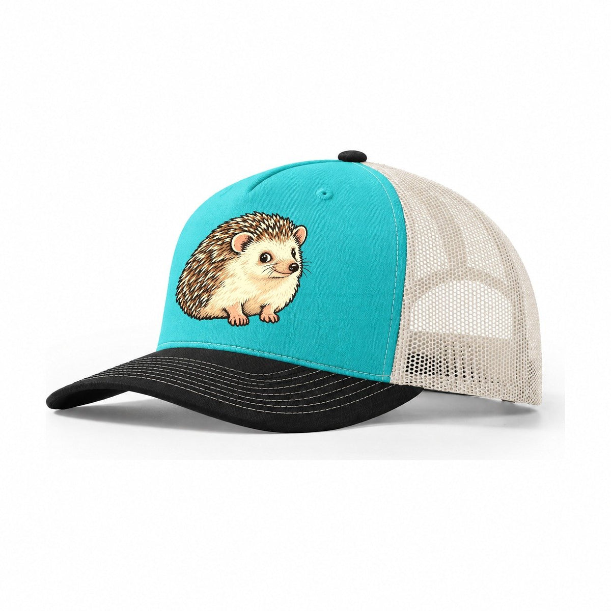 Hedgehog Side Glance Small Pet Logos Trucker Hat – Aqua Black White