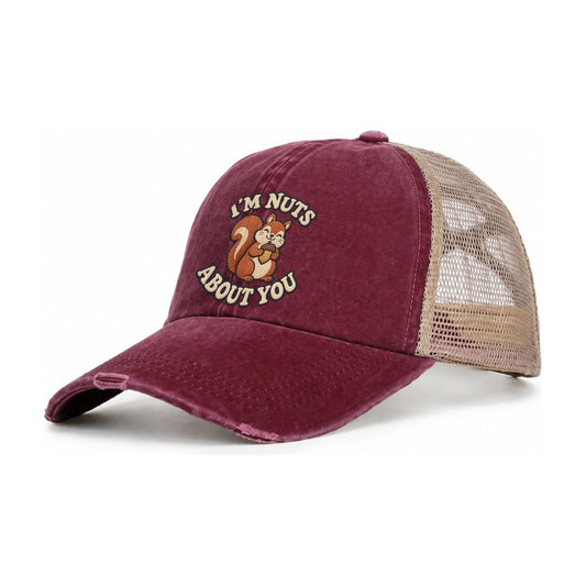 Squirrel Animal Puns Women's Ponytail Trucker Hat – Burgundy Khaki