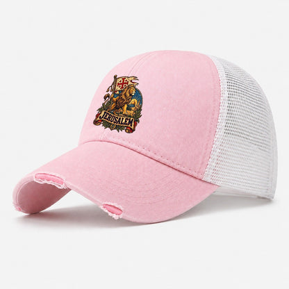 Lion With Jerusalem Banner Jerusalem Washed Trucker Hat – Light Pink